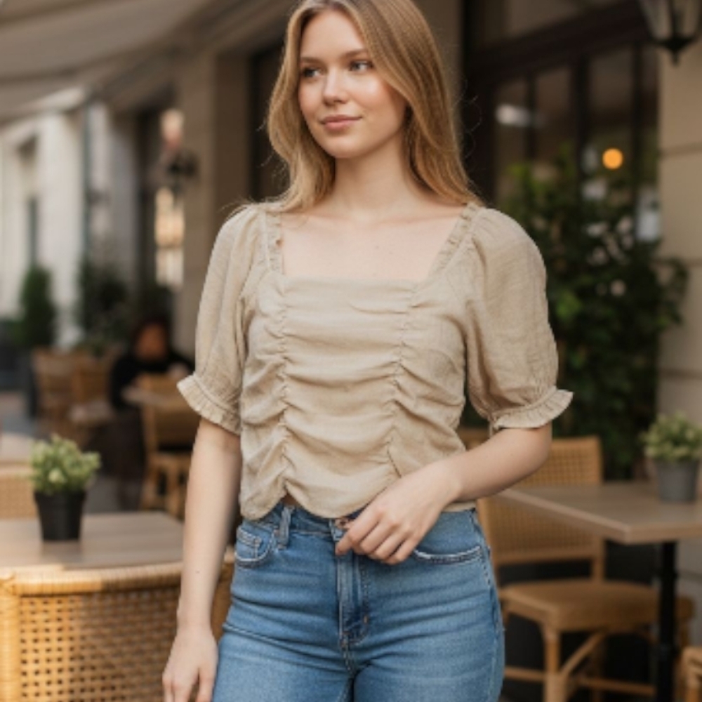 Love Tree Beige Ruched Blouse